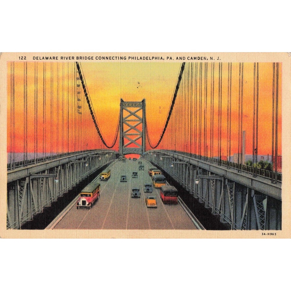 Delaware River Bridge Philadelphia PA Camden NJ Linen Postcard Curt Teich 1930s